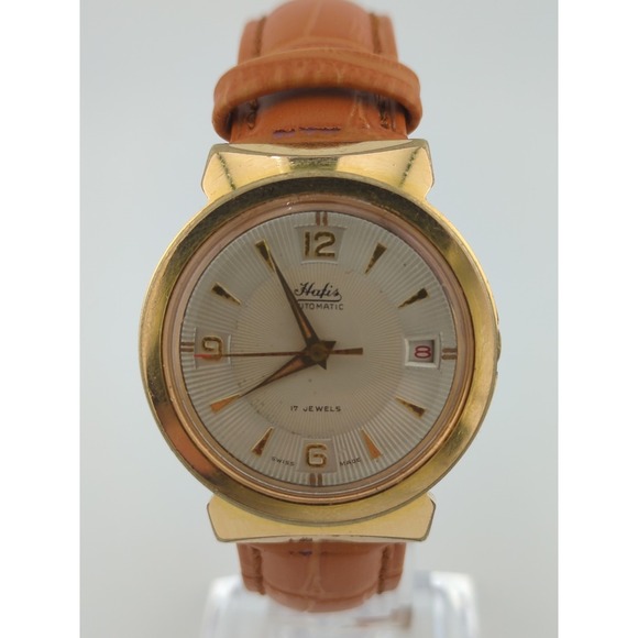 Vintage Hafis Swiss Date Automatic Watch Gold Tone 17 Jewel - Working 35mm Case - Picture 2 of 7